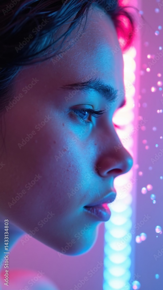 Woman with a blue and purple background is staring at the camera. She has a blue and purple background
