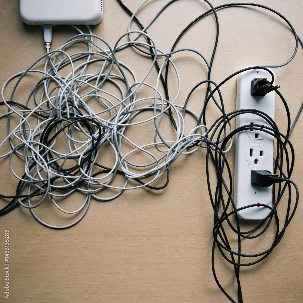 tangled electrical cables and power strip on wooden surface tangled electrical cables and power strip on wooden surface