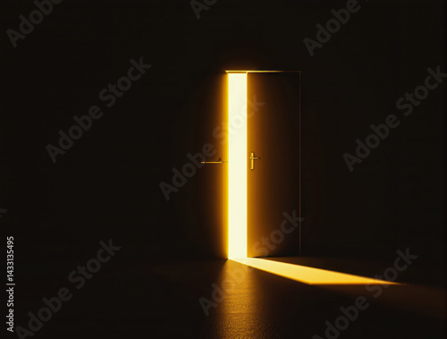 open door with bright golden light streaming into dark room