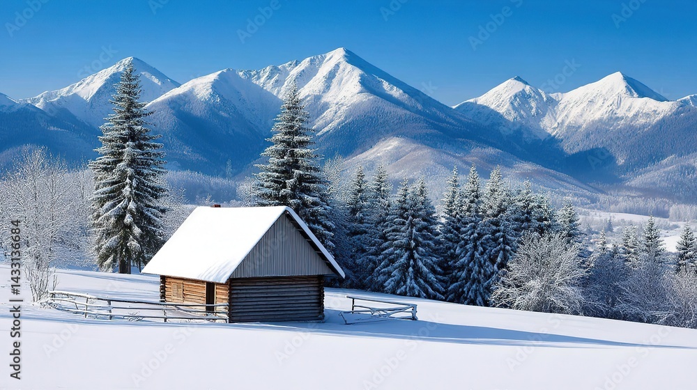 Fototapeta premium Serene Winter Wonderland: Creative Abstract Commercial Background featuring Snow-Covered Mountain Cabin. High-Quality AI-Generated Design for Posters, Banners, and Digital Media. Ideal for Seasonal Ad