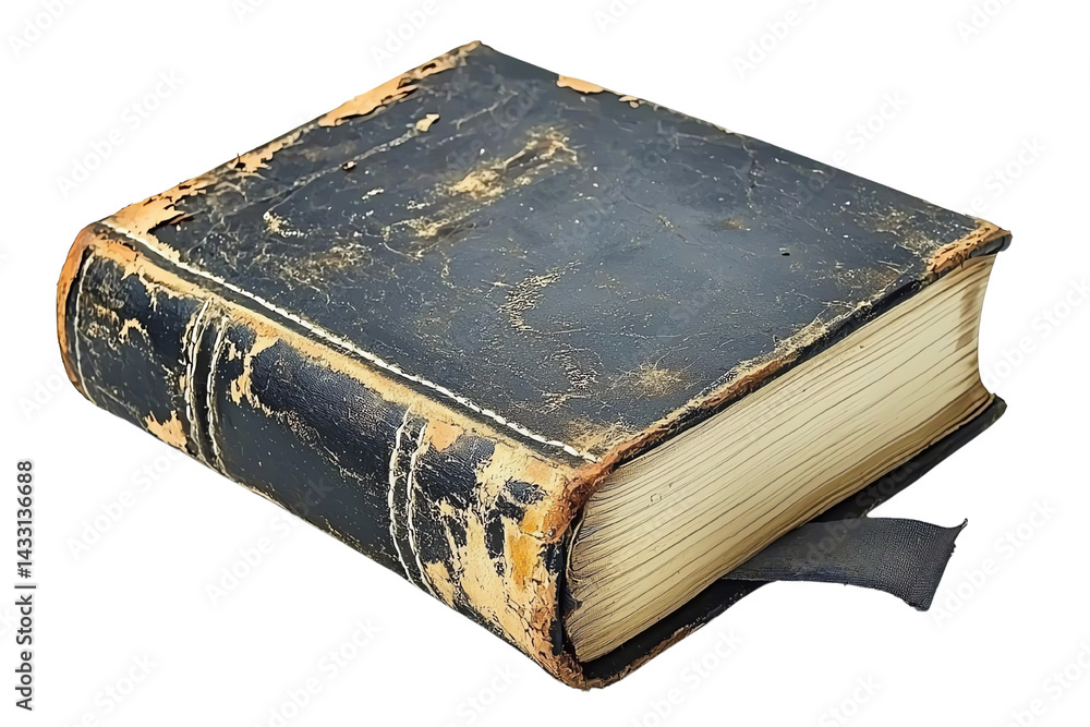 Obraz premium A vintage, worn leather book with a faded cover, showcasing its age and history on a white isolate background.