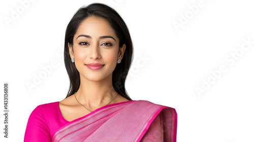 A woman wearing a pink saree, smiling confidently against a white isolated background.