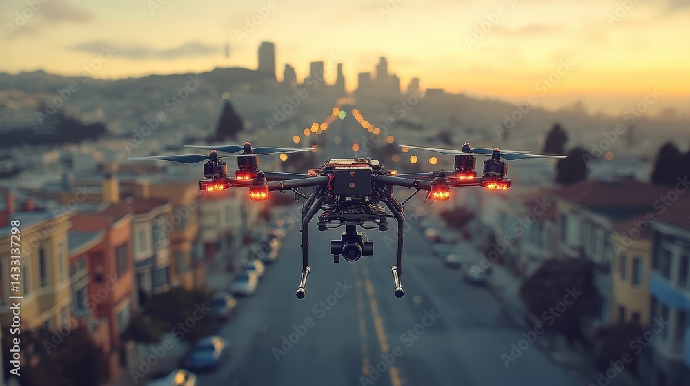Aerial view of a drone flying over a city street at sunset.