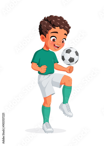 Happy young Arab boy in football player uniform kicking ball with knee. Cartoon vector illustration