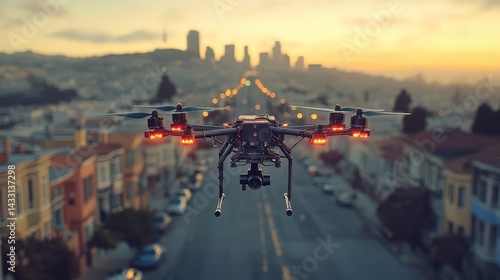 Obraz na płótnie Aerial view of a drone flying over a city street at sunset. w salonie