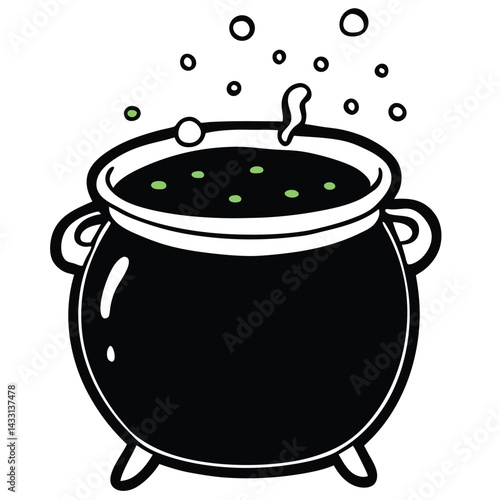A witch's cauldron bubbling with green potion, cartoon vector, white background