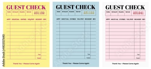 Guest Check List blank receipt template for signages, wall art, posters, postcard. t-shirt design graphics, banners and templates. Use for Travel, restaurant, cafe art decor.