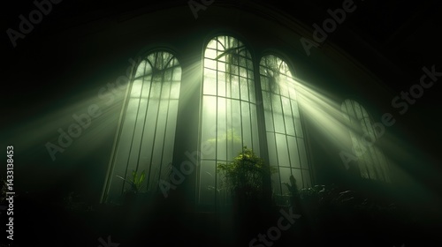 Wallpaper Mural Dramatic light rays stream through large arched windows in a dark, atmospheric interior, illuminating dust and subtle greenery. Torontodigital.ca