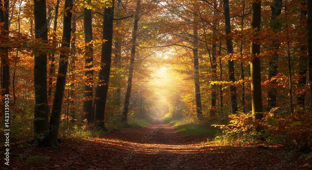 Fototapeta premium Autumn forest path sunlight