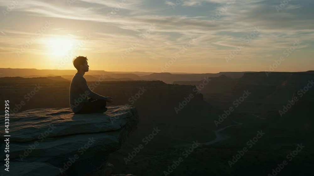 Contemplation at Sunset: A solitary figure sits atop a cliff, meditating amidst a breathtaking panorama. The warm, golden light of the sunset casts a tranquil ambiance. Contemplation at Sunset: A solitary figure sits atop a cliff, meditating amidst a breathtaking panorama. The warm, golden light of the sunset casts a tranquil ambiance.