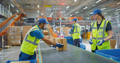 Fotografía Personnel Carefully Loading Various Boxes on Conveyor Lines in a Mail and Parcel Processing Center