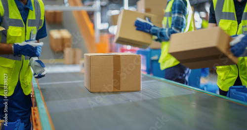 Fotografía Factory Employees Placing Boxes with Products on an Automated Production Line, Moving Goods to a Logistics Center