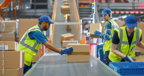 Canvas Print Workers in High-Visibility Vests Redirect Packages Along a System of Conveyor Belts in a Distribution Hub
