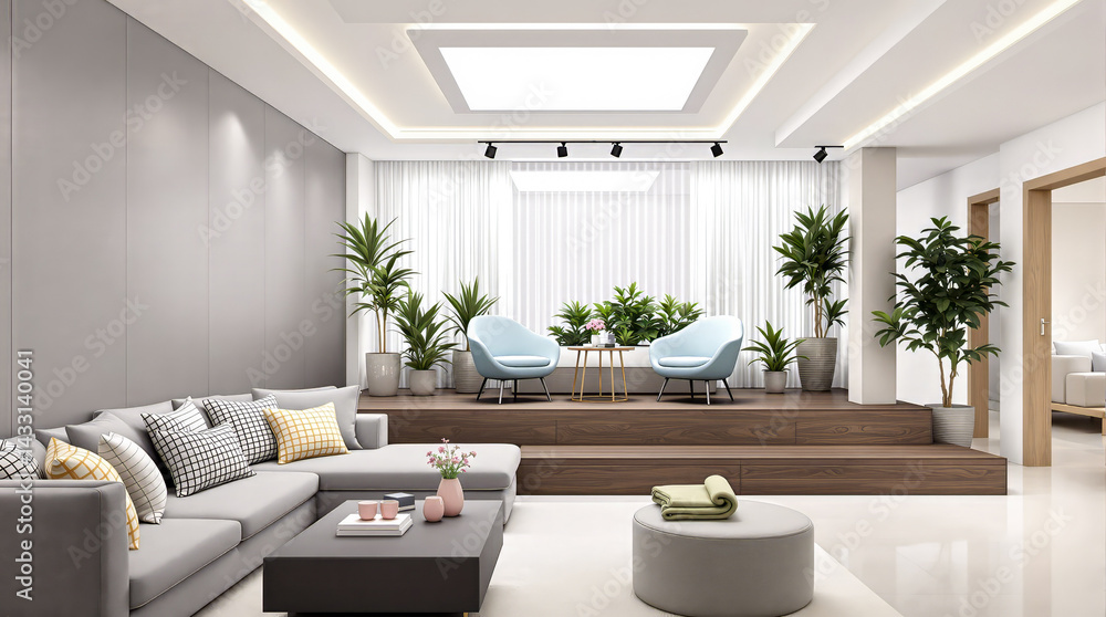 Fototapeta premium modern living room interior featuring gray sectional sofa light blue armchairs and various potted plants