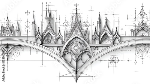 Gothic Architecture Bridge Blueprint Detailed Sketch of Medieval Bridge Design