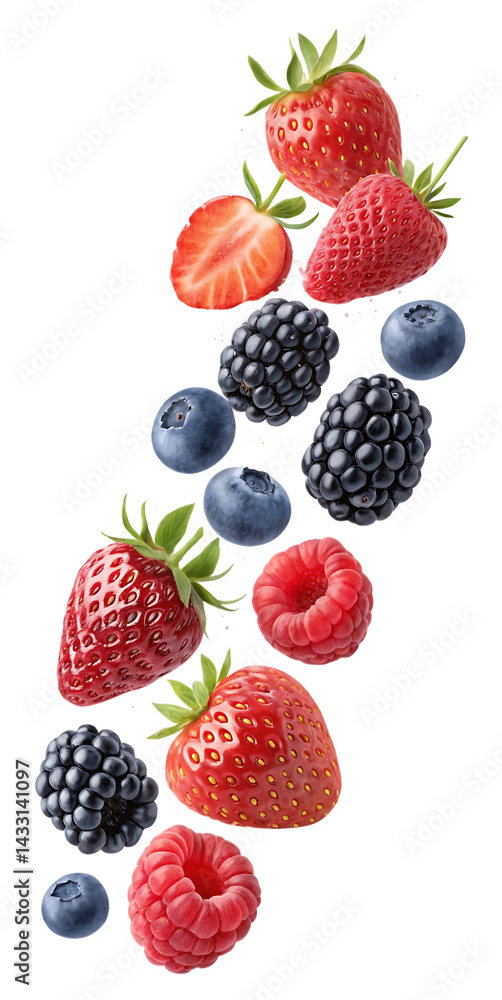 Falling wild berries mix, strawberry, raspberry, blueberry, blackberry, isolated on white background. PNG. AI GENERATED Falling wild berries mix, strawberry, raspberry, blueberry, blackberry, isolated on white background. PNG. AI GENERATED