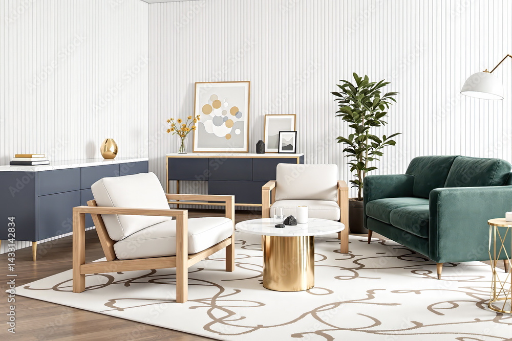 Fototapeta premium elegant contemporary living room with wooden armchairs green velvet sofa and marble coffee table