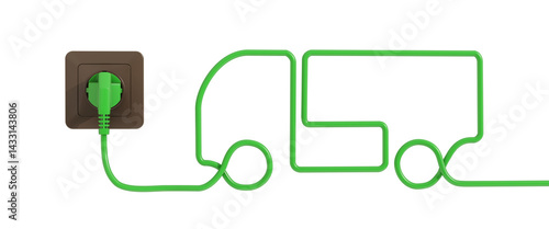 Sign charging station. Green electric truck is charged from the outlet. Eco-friendly electric lorry concept. Isolated on a transparent background. 3D illustration.
