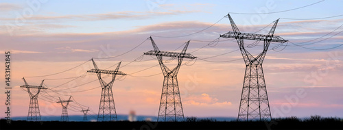 High electric tower. High-voltage poles with wires go away into the horizon. Production of sustainable energy concept. Electric poles. Graphic vector against the background of the sky with clouds.