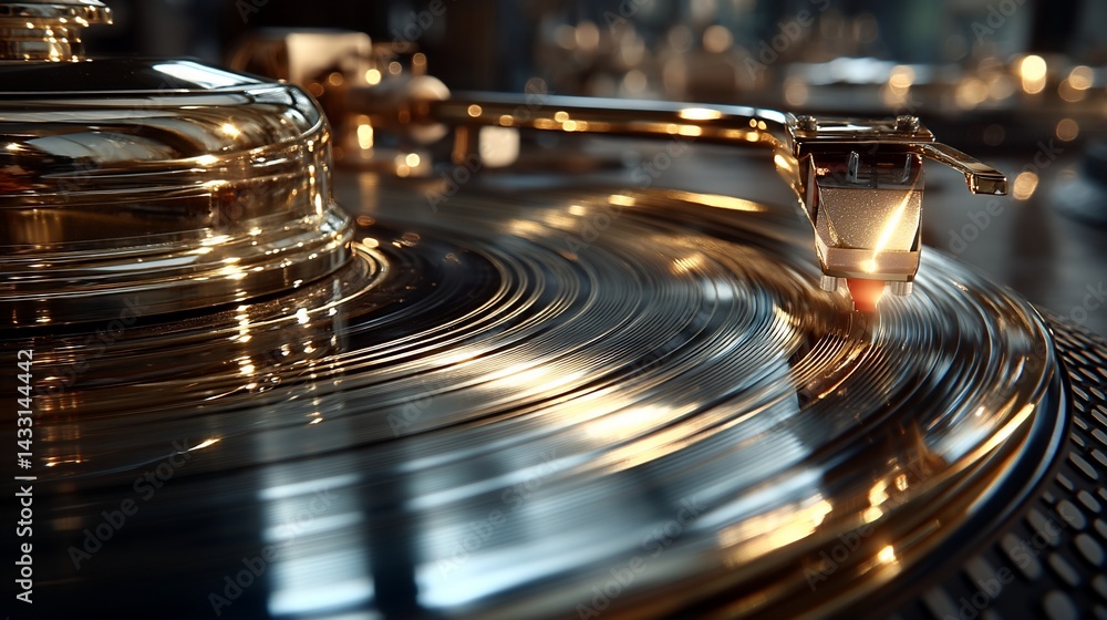 Golden vintage turntable playing a record