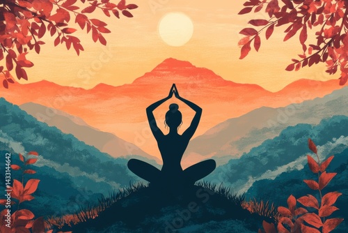 Sunset Meditation in the Mountains. Yoga studio promotions, wellness blogs, guided meditation covers, self-care, inner peace, digital and print wellness branding