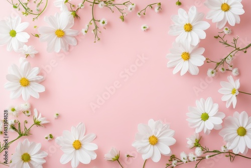 Delicate white flowers arranged in a frame on a soft pink background.
