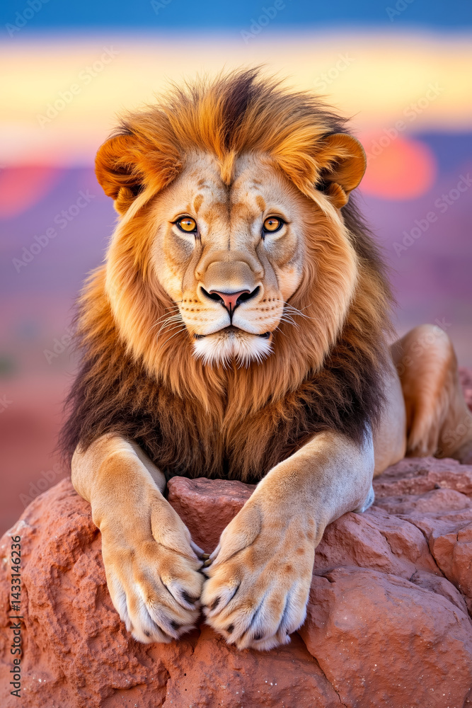 Fototapeta premium A lion laying on top of a large rock