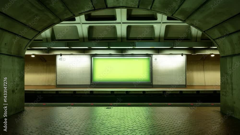Empty subway platform with glowing green billboard display illuminates geometric floor tiles in underground station Empty subway platform with glowing green billboard display illuminates geometric floor tiles in underground station