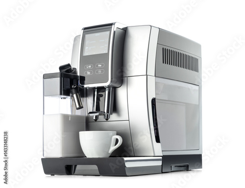 Modern automatic coffee machine with digital screen, white cup, and built-in milk frother for cappuccino. Transparent background PNG for design use.