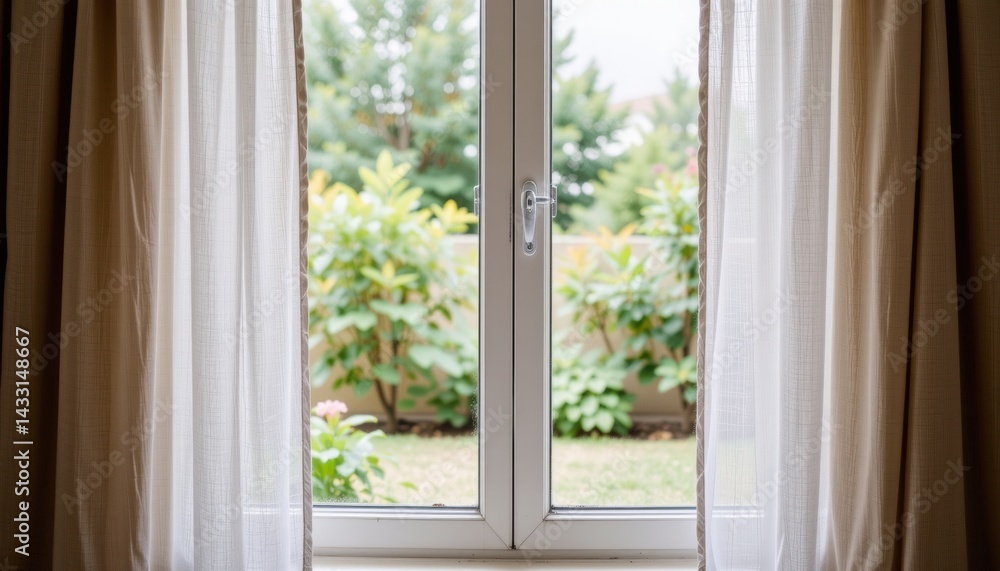 Fototapeta premium Bright window view with curtains and green outdoor foliage.