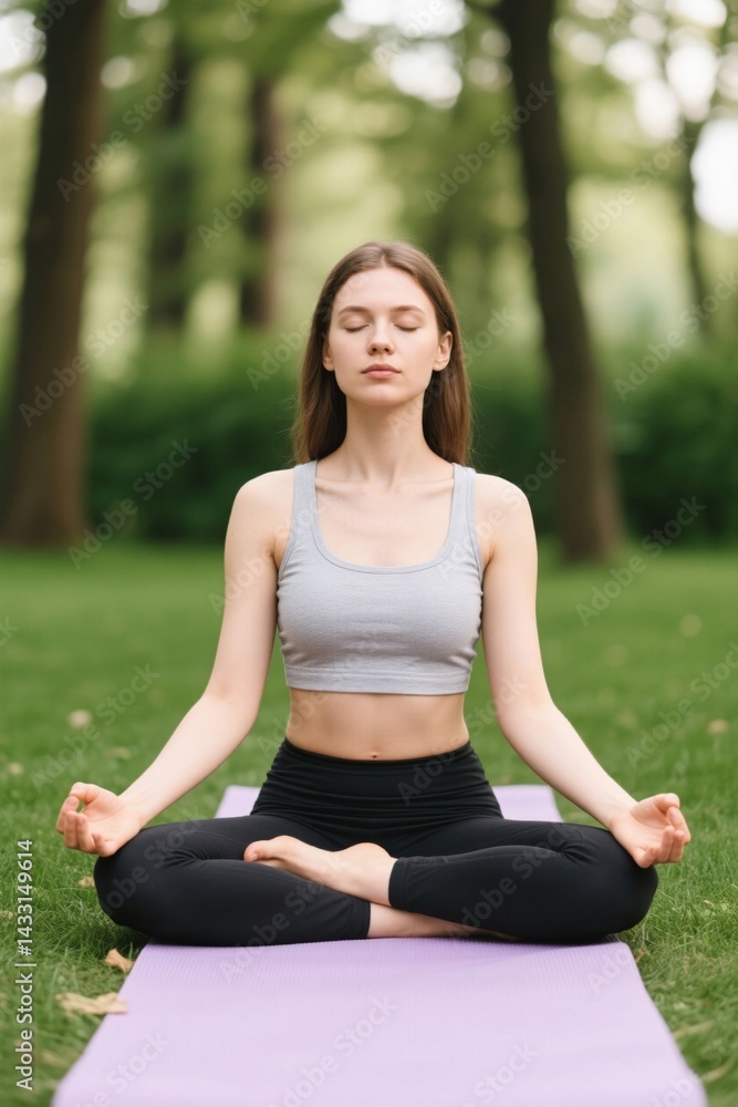 woman sitting in a yoga position on a purple mat in a park woman sitting in a yoga position on a purple mat in a park