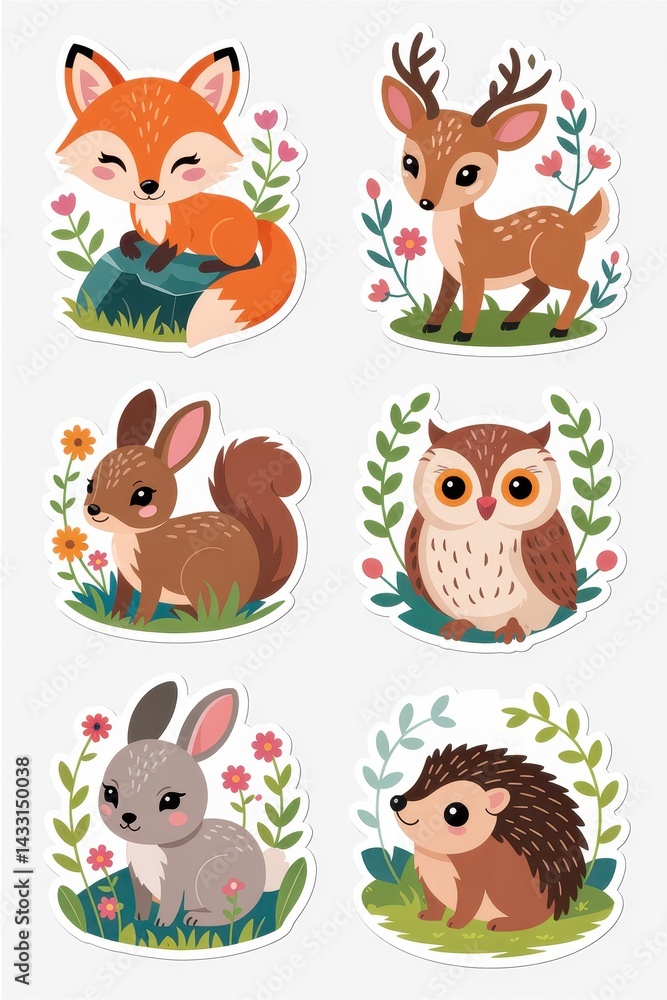 Naklejka premium Cute woodland animal stickers arranged in a grid pattern.