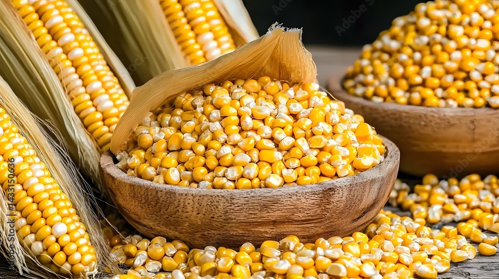 Close-Up Of Fresh Organic Yellow Corn Kernels In Wooden Bowls On Rustic Kitchen Table Close-Up Of Fresh Organic Yellow Corn Kernels In Wooden Bowls On Rustic Kitchen Table