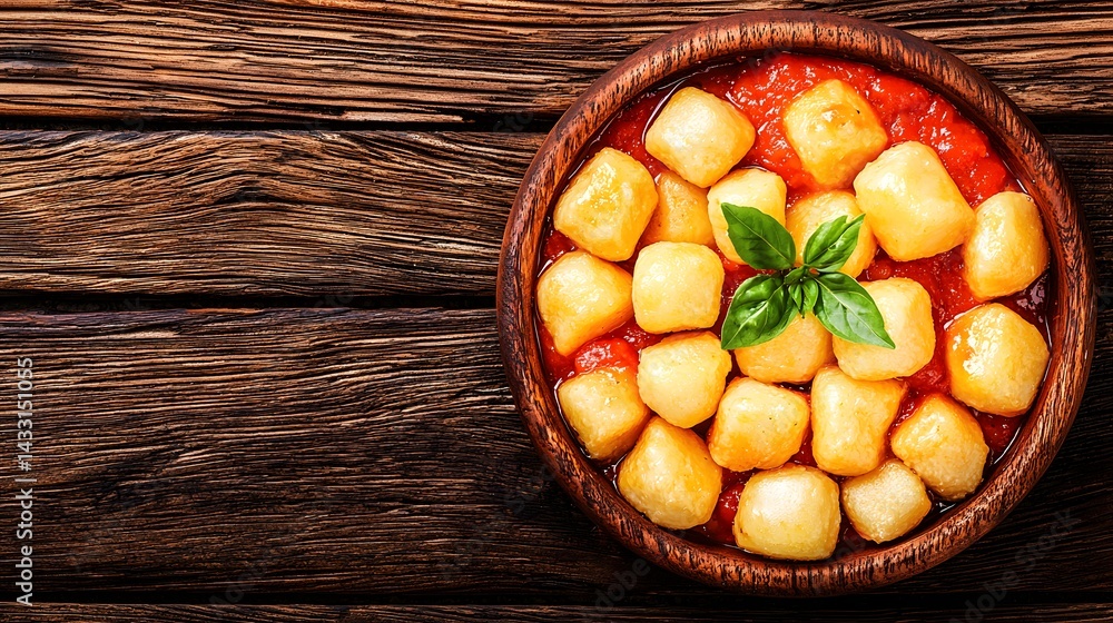 Delicious Plate of Gnocchi in Tomato Sauce Topped with Fresh Basil on Wooden Table Delicious Plate of Gnocchi in Tomato Sauce Topped with Fresh Basil on Wooden Table