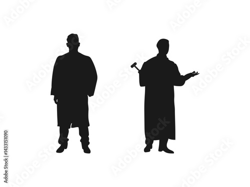 A judge man standing in silhouette. male judge swinging gavel standing. Vector on a white background.