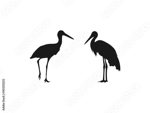 stork standing silhouette icon. Silhouette or shadow black ink symbol of a crane bird or heron standing. Flat vector stock illustration. vector on a white background.