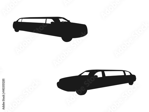stretch limousine silhouette icon. Black luxurious limousine symbol. black icons set view from side, front, back, and top. Limousine silhouette on white background.