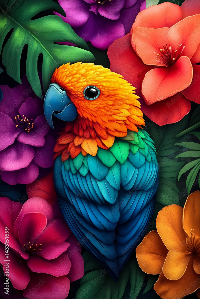 Fototapeta premium A colorful parrot sitting on top of a bunch of flowers