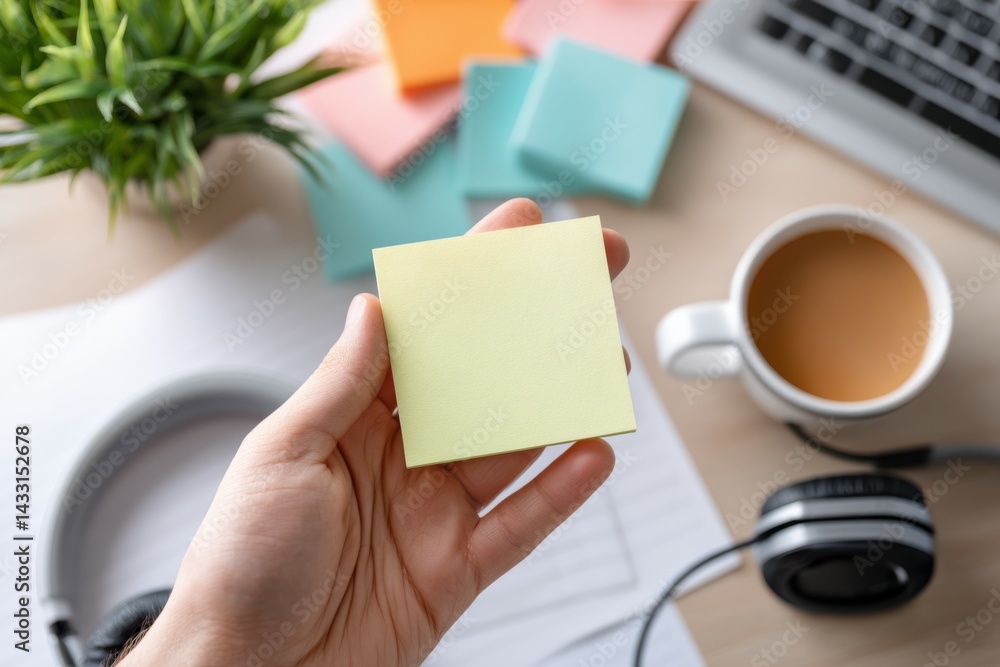 Obraz premium Human hand holding a sticky note with a laptop, coffee cup and headphones on the desk. Business concept, task management, office work, presentation, marketing, background, illustration.