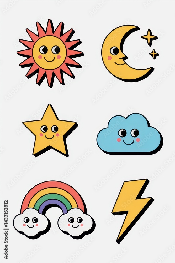 Cute cartoon illustrations of celestial and weather symbols. Cute cartoon illustrations of celestial and weather symbols.