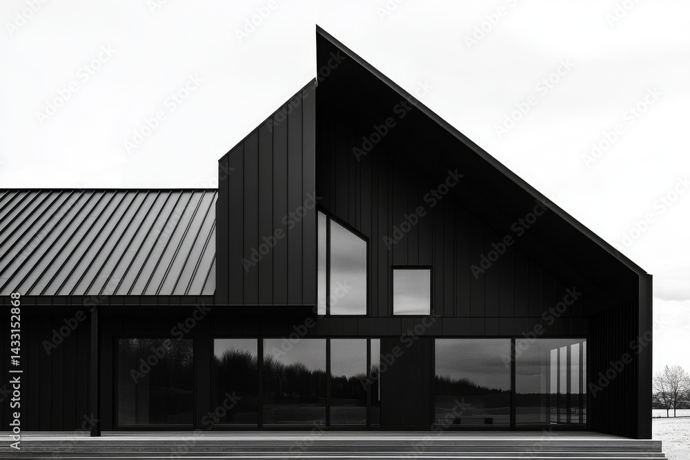 Obraz premium Modern, minimalist house facade with dramatic angular roofline.