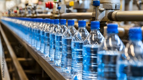 Bottles of Clean Water on Production Line in Industrial Bottling Facility