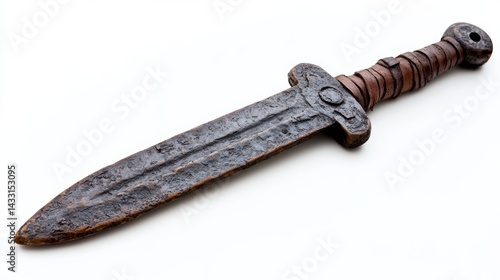 Obraz na płótnie This image showcases an ancient dagger with a weathered blade and leather-wrapped handle. It reflects historical craftsmanship and the story of times past. Generative AI w salonie