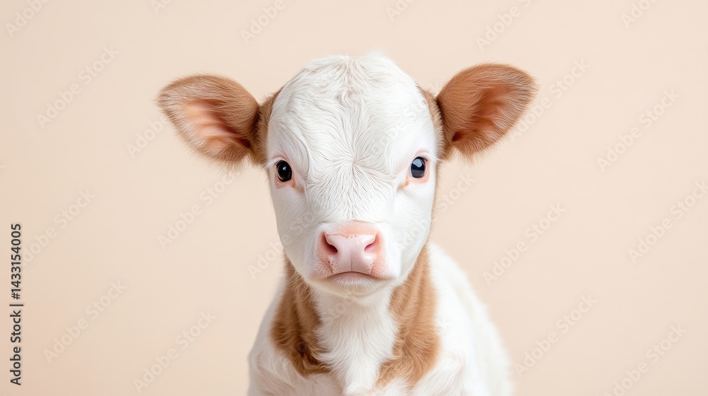 Fototapeta premium Close-up portrait of an adorable baby calf with white and light brown fur, looking directly at the viewer against a soft beige background.