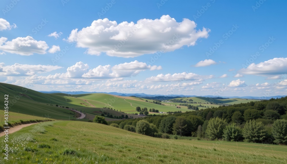 Fototapeta premium Vast green landscape under a blue sky with fluffy clouds.