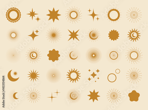 Sun, moon, stars, crystals, magic symbols. Vector set in oriental style. Line hand drawn illustration. Sun, moon icons, design. Muslim arabian symbol. Space shapes for design. Vector lunar collection