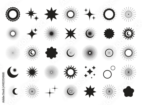 Sun, moon, stars, crystals, magic symbols. Vector set in oriental style. Line hand drawn illustration. Sun, moon icons, design. Muslim arabian symbol. Space shapes for design. Vector lunar collection