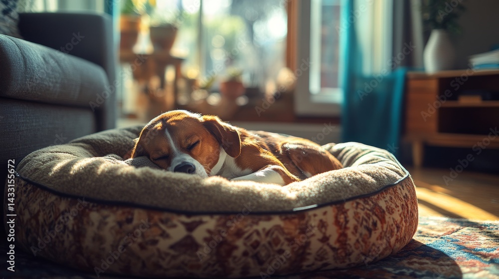 A cozy scene with a dog peacefully sleeping in a comfortable bed. Soft sunlight fills the room creating a warm atmosphere. A perfect moment of tranquility. Generative AI