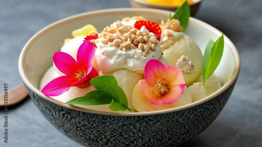 Creamy Ice Cream Dessert with Fresh Fruits and Colorful Toppings Creamy Ice Cream Dessert with Fresh Fruits and Colorful Toppings