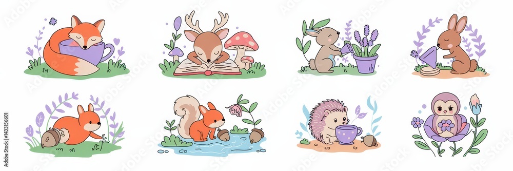 Naklejka premium Cute woodland creatures in a spring setting